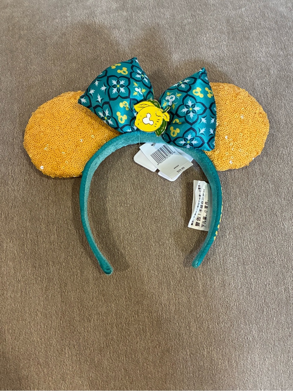 Disney Yellow Sequin & Teal Patterned Bow Minnie Ear Headband